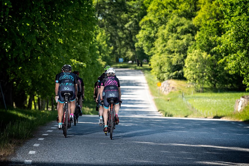 Cyklister på mindre väg med gröna träd runtom.